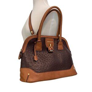 London Fog Brown & Tan Vegan Ostrich Leather Satchel Handbag With Shoulder